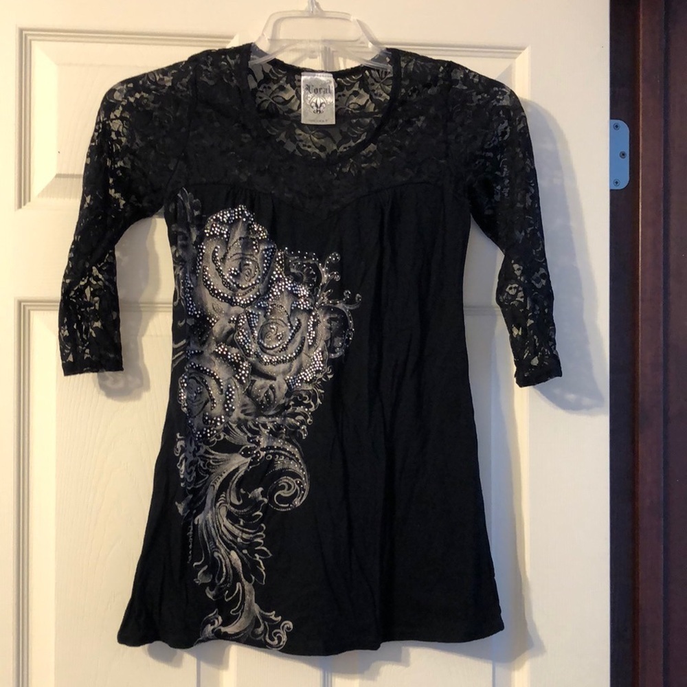 Boutique Black Lace Rose Blouse Small